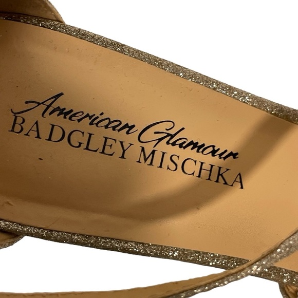 American Glamour Badgley Mischka Gold Glitter Dressy Strappy Wedge Sandals Sz 7 - Picture 11 of 14